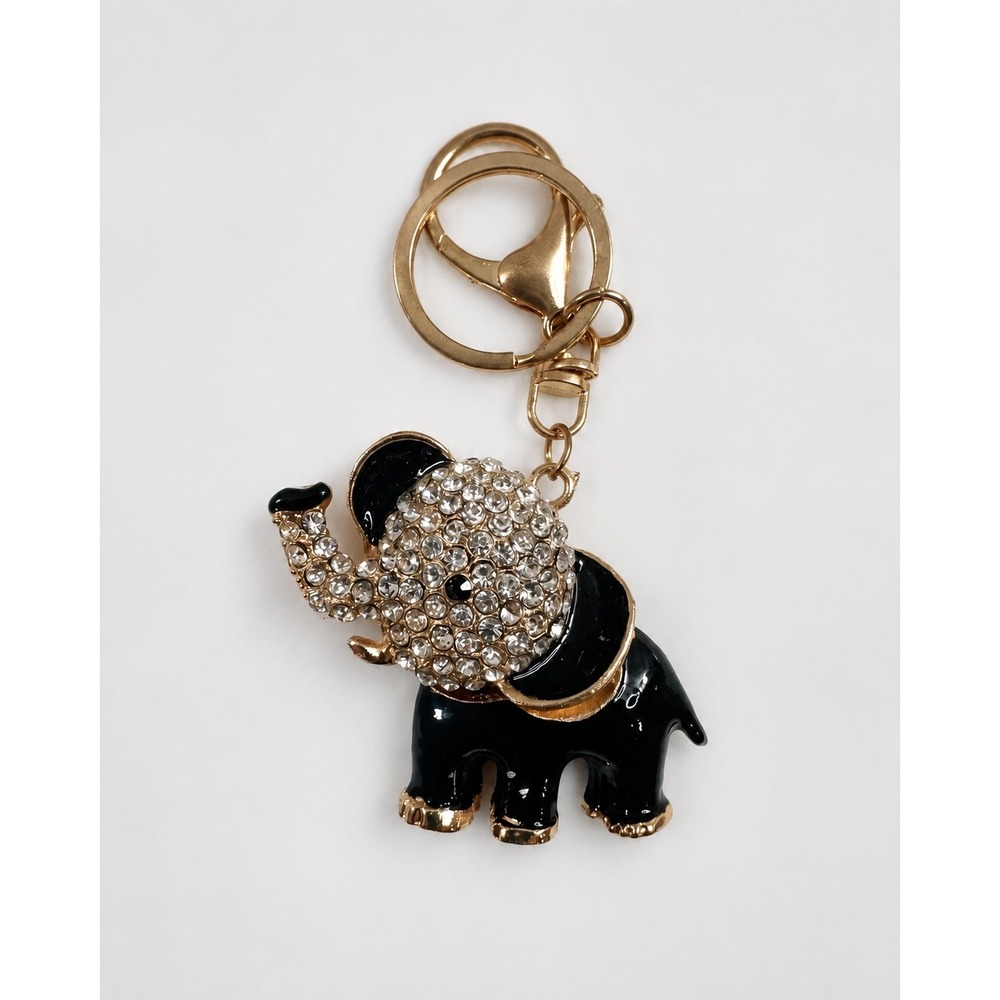 Black Rhinestone Elephant Keychain Bag Charm Rose Gold Tone Lobster Clasp Box